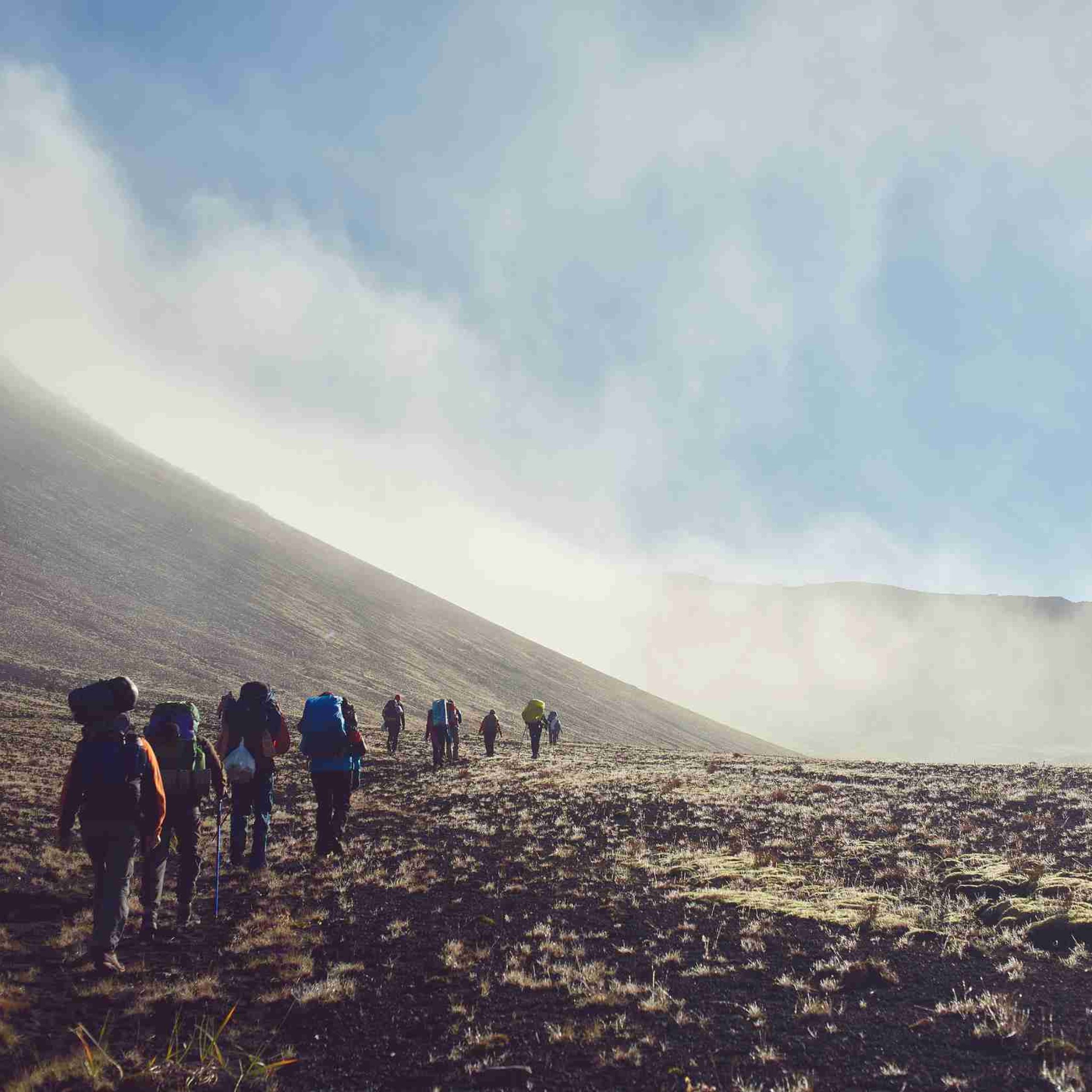 hikers on the trail in the in kilimanjaro. valley is in fog