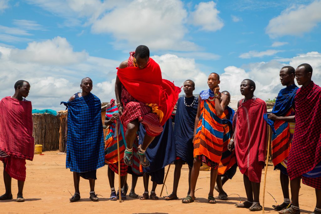 Maasai men performing the jumping dance in their village