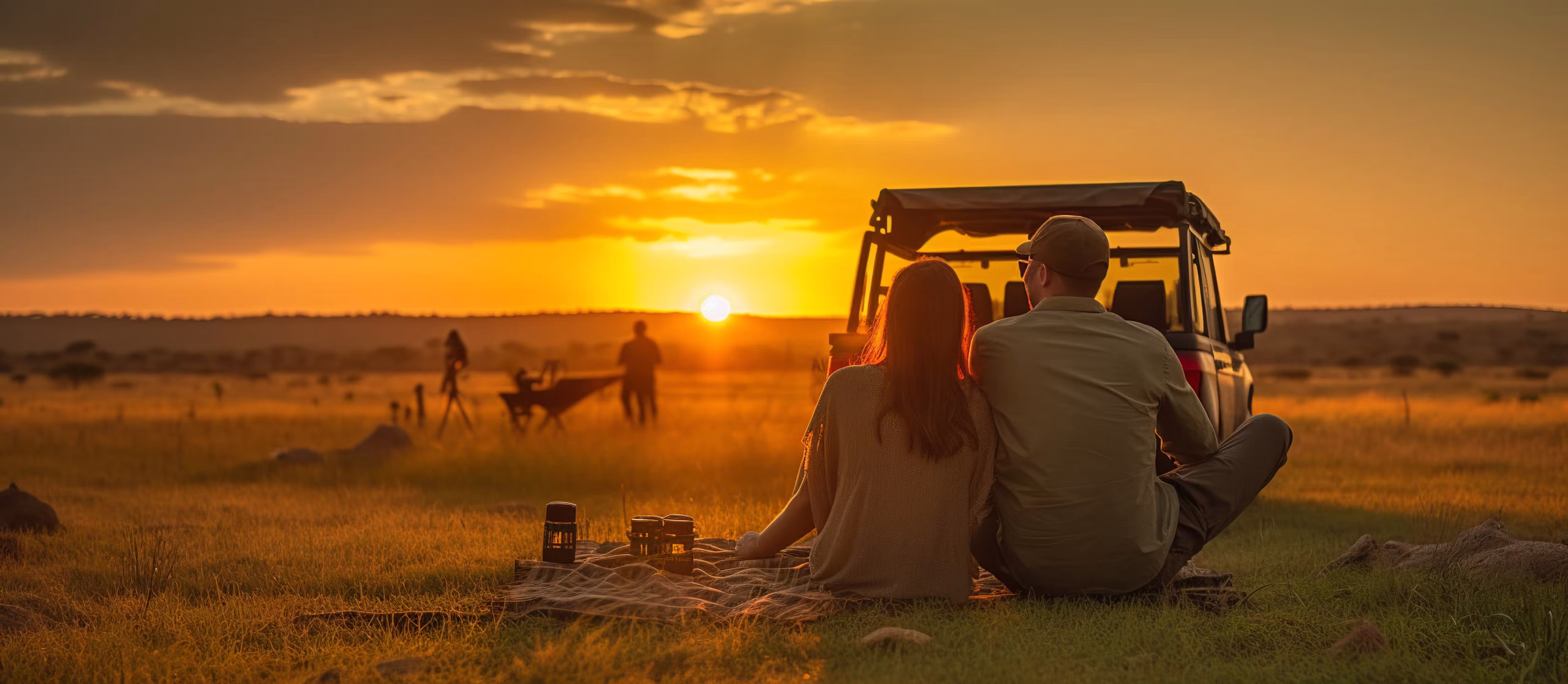 A couple watching the sunset beside a safari vehicle