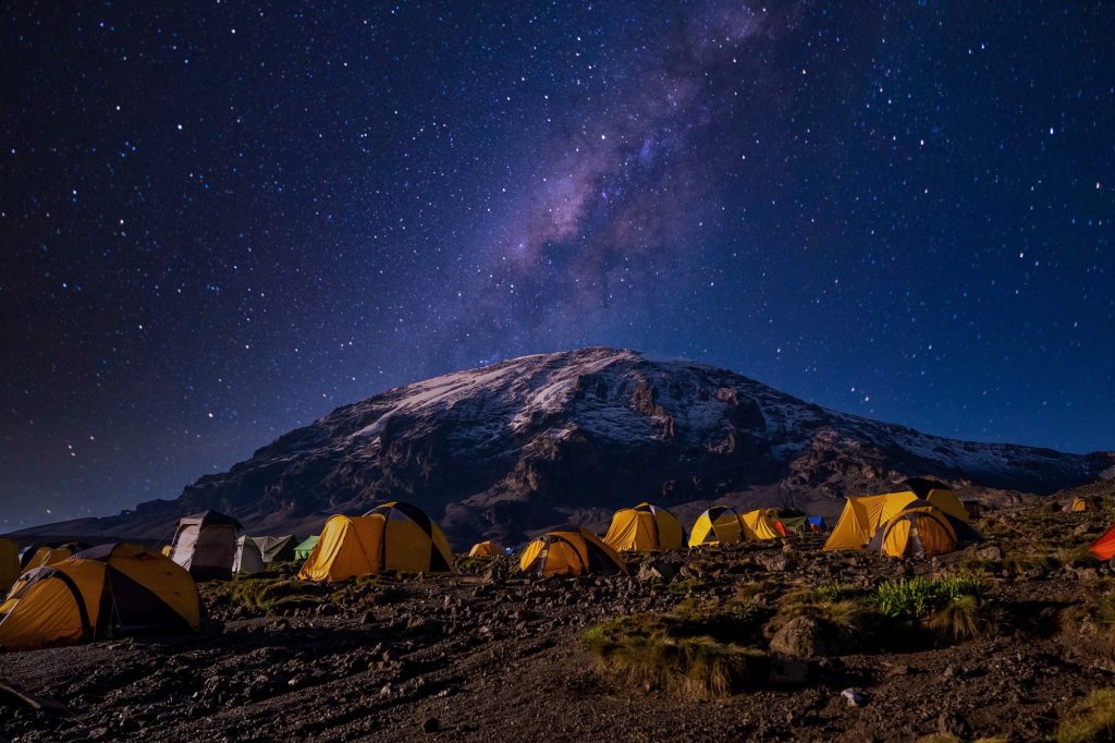 Tents at a high camp on Kilimanjaro under a clear night sky