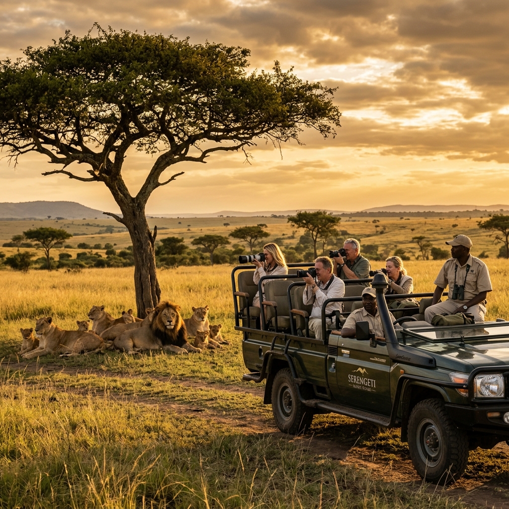 Lions beside an open safari vehicle in the Serengeti